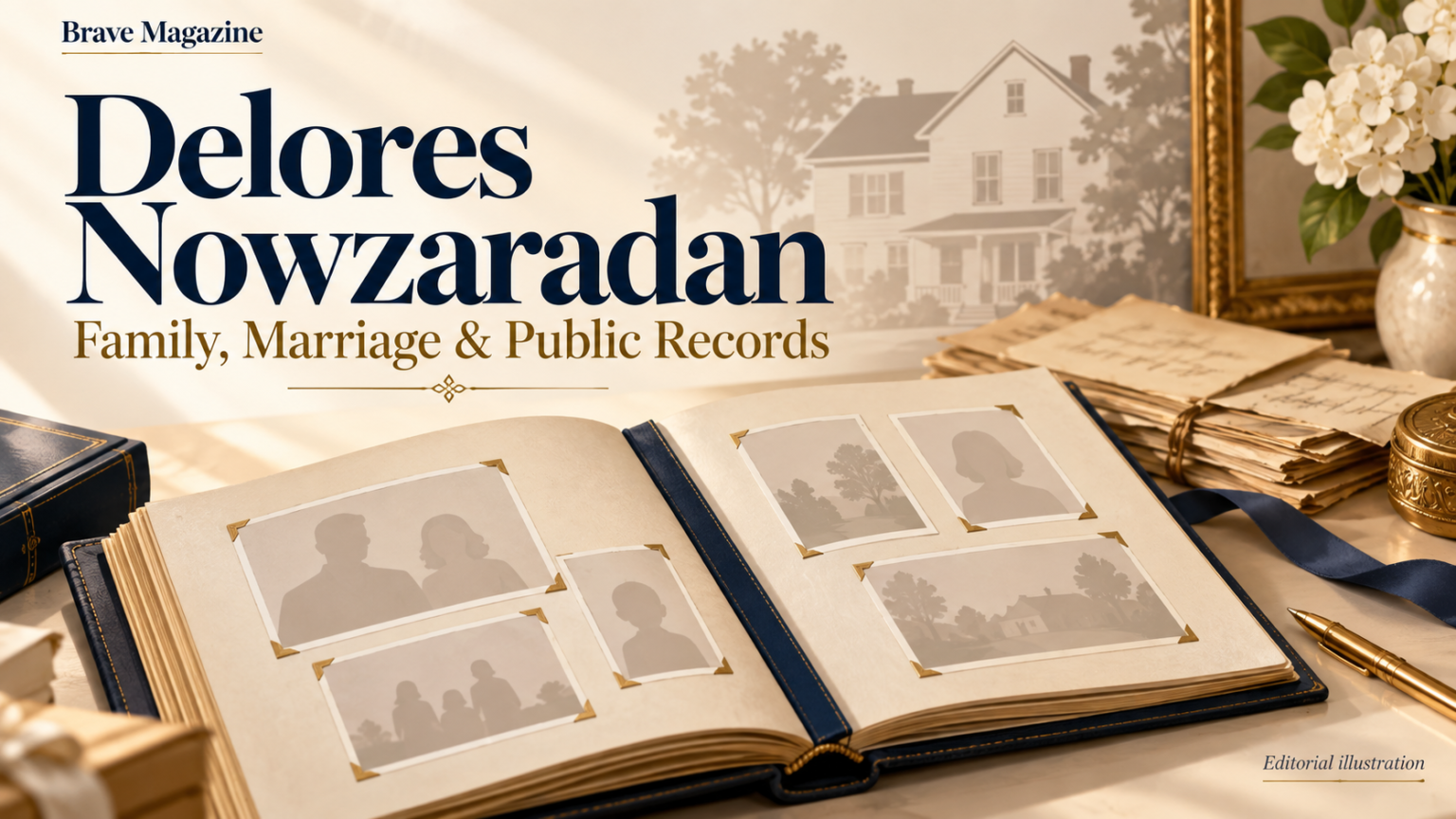 Editorial illustration for Delores Nowzaradan featuring a family album and archival papers